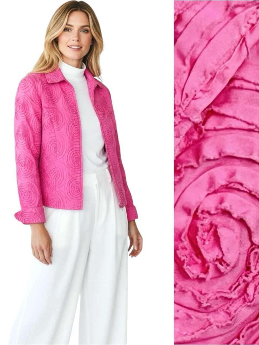 Blazer Pink Texture Roses Jacket Full Zip Long Sleeve Stretchy